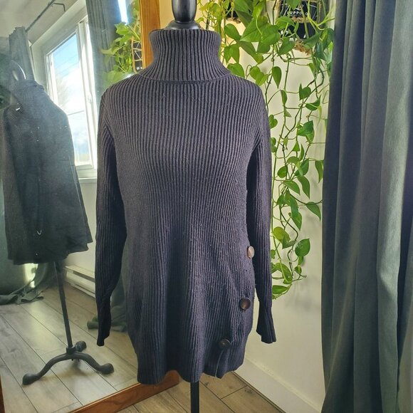 ZARA | Long Sleeve Turtleneck Buttoned Ribbed Black Sweater Dress (Size S) - Picture 7 of 11